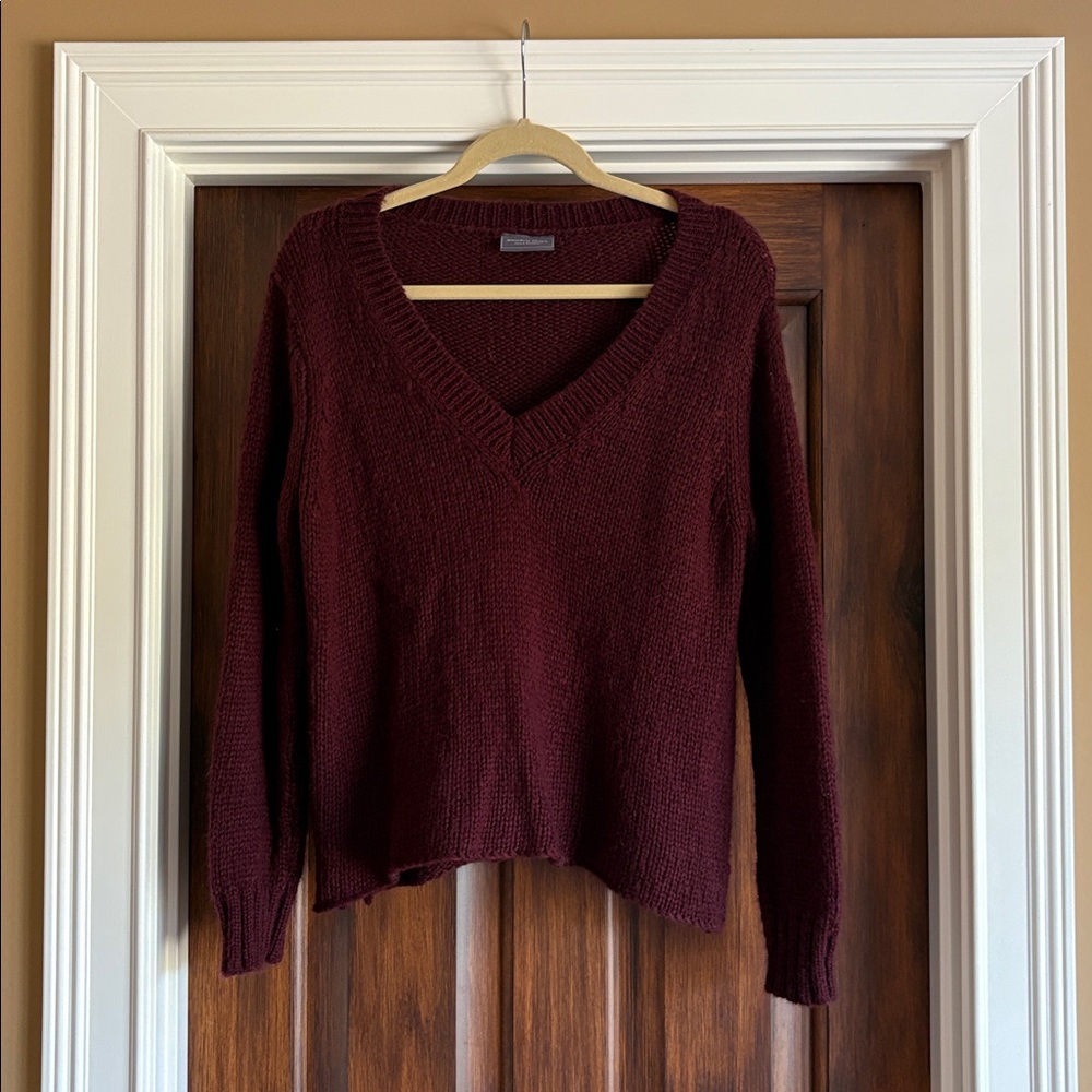 Wooden Ships Deep Burgundy Wool Blend V-neck Knit Sweater